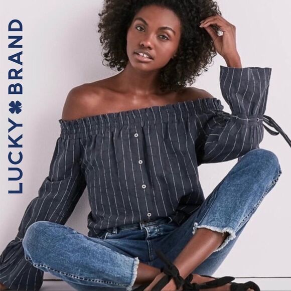 Lucky Brand Striped Long Sleeve Off Shoulder Top S EUC! - Picture 1 of 12